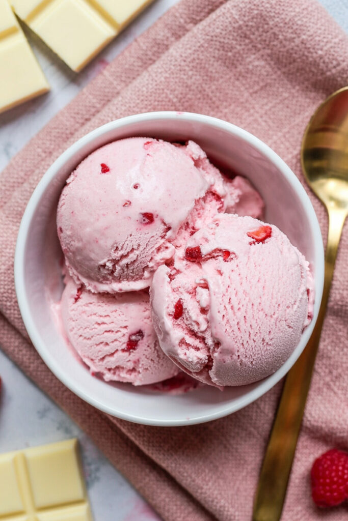 Scooping White Chocolate Raspberry Protein Ice Cream